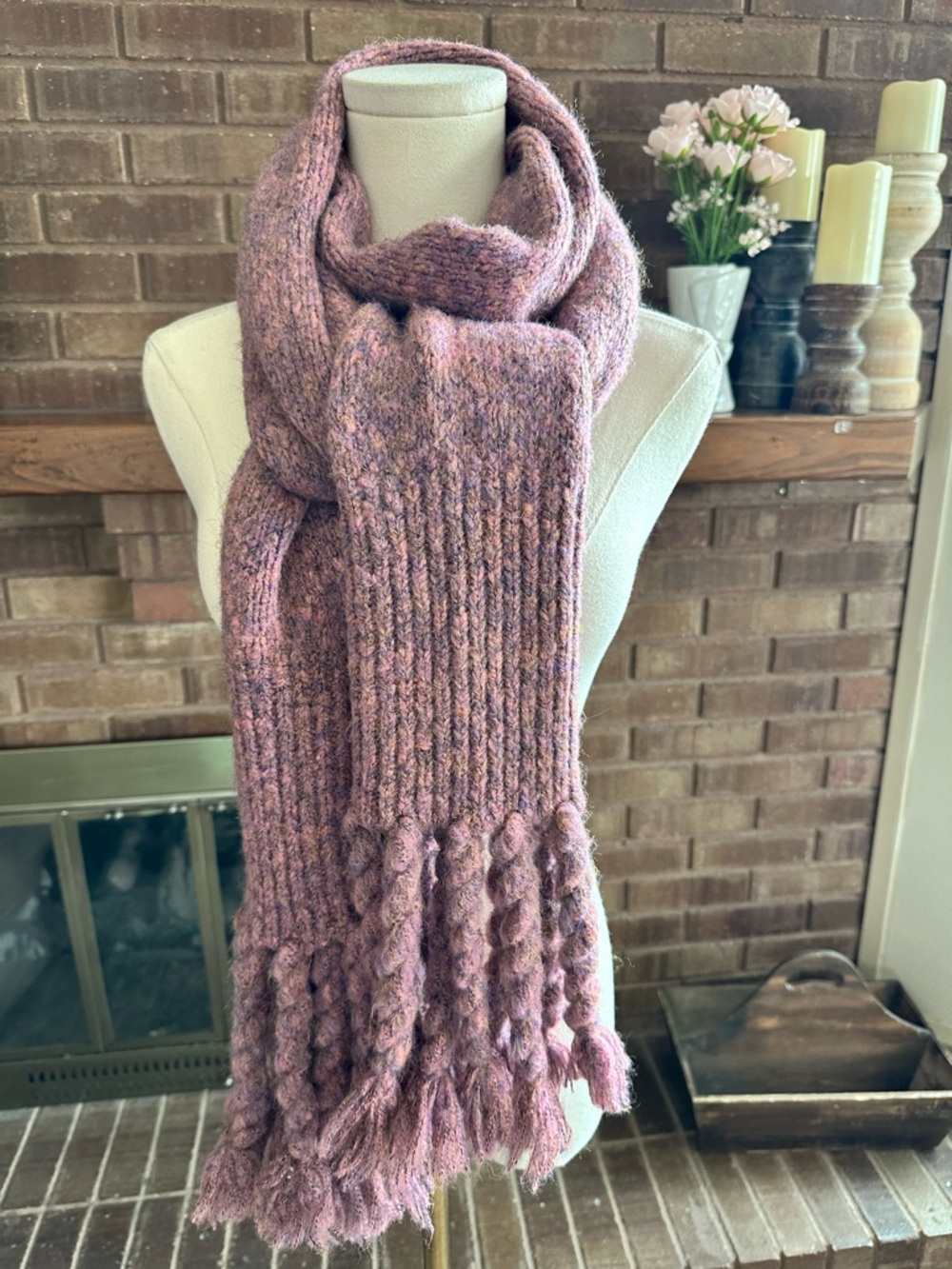 NWT Anthropologie Chunky Knit Oversized Fringe Scarf Purple Pink Marl One Size